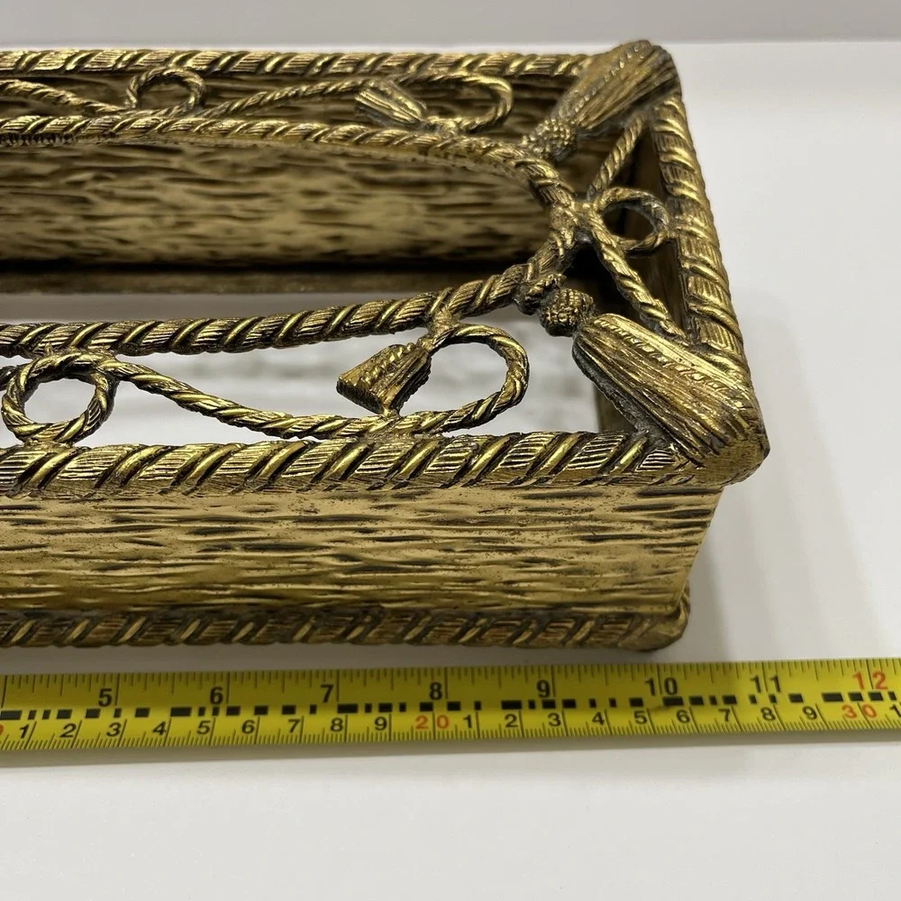 Vintage MCM Brass Tissue Box Cover Hollywood Regency Gold Filigree Tassels